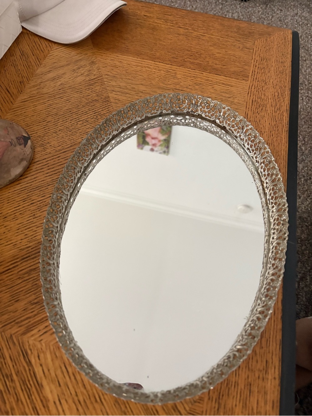 Vintage Vanity Mirror Ornated Feligree Tray Dresser Perfume Tray Victorian